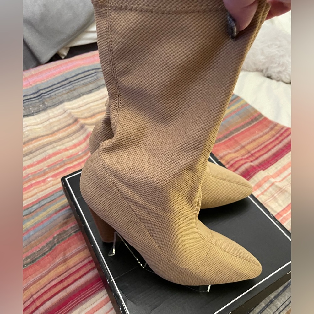 Cupid tan cloth slip on bootie with wood black heel